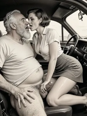 This is a detailed monochromatic pencil drawing in a classical illustrative style depicts a scene set blowjob in 1950s, (obese bearded white haired older dilf in passenger seat receiving blowjob by milf woman Standing on all fours in driver seat), POV, lustful smile, focused on hairy scrotum, milf woman in driver seat is helping older dilf cum, sucks the older dilf's cocks, (((beautiful short brown hair milf, madam with hourglass figure, she is wearing in an open blouse and a skirt, (wide hips)))), ((the woman tilted her head to older man's groin)), (((the woman looks at the camera))), (the man one hand on woman's head), ((her skirt pulled up:1.5)), ass up, ((her bottom is visible)), undersides of penis, ((a woman sucks of a man's penis)), dimly lit, tiny penis, sitting in car, fat and skinny, v neck t shirt pulled up above big hairy belly, ((pubic hair:1.7)), ((scene blowjob:1.5)), cum on woman's lips, sweatpants pulled down, oral sex in the car, hairy scrotum. The overall mood is intense, rendered in fine, expressive line work and subtle shading, evoking the style of 1950s satirical or moralistic illustrations.