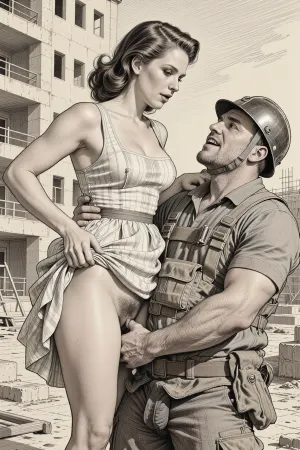 This is is a detailed monochromatic pencil drawing in a classical illustrative style depicts a scene set Beautiful sexy brown elegant hairstyle mother stands leaning over in a building under construction, wearing in summer dress, married woman, the hem of the dress is pulled up, hairy woman's pubic, fully clothed very ugly lustful fat construction worker in a combat zone and a construction helmet who holds her by the hips, looking up, seductive face, lustful mocking smile on man's ugly face, The overall mood is intense, rendered in fine, expressive line work and subtle shading, evoking the style of 1950s satirical or moralistic illustrations.