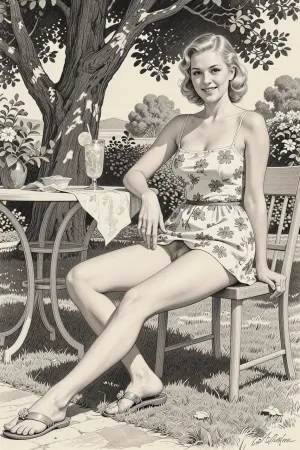 This is is a detailed monochromatic pencil drawing in a classical illustrative style depicts a scene set blonde german 26yo beautiful slim woman, beautiful long legs, sitting in the garden on a warm summerday in the schade of a tree by a table, cool lemonade nearby wearing a simple flowered summerdress and sandals, wears a toe ring, the legs are slightly apart, the hairy pubis and labia are visible, smiling into the camera for a remembering photo, full body view, show feet. The overall mood is intense, rendered in fine, expressive line work and subtle shading, evoking the style of 1950s satirical or moralistic illustrations.