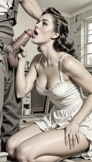 This is is a detailed monochromatic pencil drawing in a classical illustrative style depicts a scene set Beautiful sexy brown elegant hairstyle mother Squatting in a room of a building under construction, wearing in summer dress, (her white panties are visible), fully clothed very ugly lustful fat construction worker in the coverall, mother deepthroating his cock, hairy scrotum, man's hand on her head, looking up, cum in mouth, seductive face, The overall mood is intense, rendered in fine, expressive line work and subtle shading, evoking the style of 1950s satirical or moralistic illustrations.