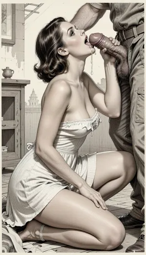 This is is a detailed monochromatic pencil drawing in a classical illustrative style depicts a scene set Beautiful sexy brown elegant hairstyle mother Squatting in a room of a building under construction, wearing in summer dress, (her white panties are visible), fully clothed very ugly lustful fat construction worker in the coverall, mother deepthroating his cock, hairy scrotum, man's hand on her head, looking up, cum in mouth, seductive face, The overall mood is intense, rendered in fine, expressive line work and subtle shading, evoking the style of 1950s satirical or moralistic illustrations.