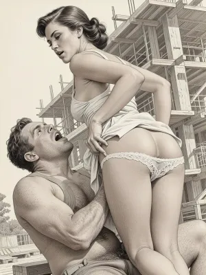 This is is a detailed monochromatic pencil drawing in a classical illustrative style depicts a scene set Beautiful sexy brown elegant hairstyle mother stands leaning over at the construction site, wearing in summer dress, the hem of the dress is pulled up, white lace panties down, fully clothed very ugly lustful fat construction worker who are ucks her from behind, rough sex, looking up, seductive face, very excited, lustful man's face, The overall mood is intense, rendered in fine, expressive line work and subtle shading, evoking the style of 1950s satirical or moralistic illustrations.