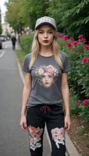 A girl in the city of Mellan, in a dark gray T-shirt with flowers drawn in the middle of the T-shirt, in dark birch-colored sweatpants, cherry-colored lipstick, blonde hair, in sneakers, a lady's hat on her head, and the girl must be very beautiful