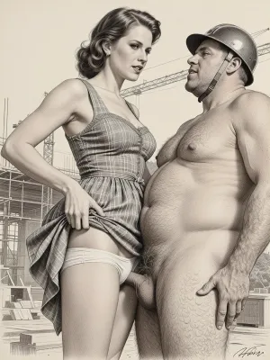 This is is a detailed monochromatic pencil drawing in a classical illustrative style depicts a scene set Beautiful sexy brown elegant hairstyle mother stands leaning over at the construction site, wearing in summer dress, the hem of the dress is pulled up, white panties are down, fully clothed very ugly lustful fat construction worker in a combat zone and a construction helmet who are Grabs her hairy labia with his hand, looking up, seductive face, lustful mocking smile men's ugly face, The overall mood is intense, rendered in fine, expressive line work and subtle shading, evoking the style of 1950s satirical or moralistic illustrations.