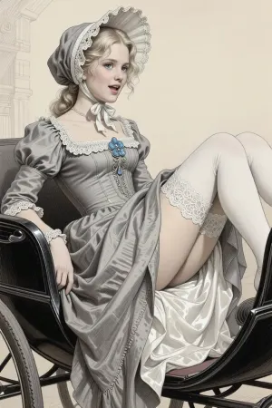 This is a detailed monochromatic pencil drawing in a classical illustrative style depicts a scene set in 19th century The Russian Empire, a very beautiful Russian aristocrat girl, innocent 21 years old blonde, slutty smile, bonnet hat, blue eyes, white stockings, narrow butt hips, a glance to the side, open mouth, beautiful gray gown, (sitting in a carriage with her legs spread and the hem of her dress lifted), (silk with lace white panties and stockings are visible), side view from below, woman, ladydim, victorian, . The overall mood is intense, rendered in fine, expressive line work and subtle shading, evoking the style of 1950s satirical or moralistic illustrations.