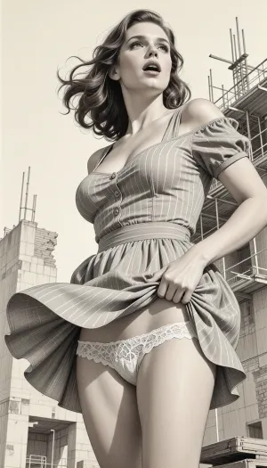 This is is a detailed monochromatic pencil drawing in a classical illustrative style depicts a scene set Beautiful sexy brown elegant hairstyle mother stands at the construction site, wearing in summer dress, strong wind the hem of the dress is pulled up, white lace panties, looking up, seductive face, very excited, view from below, The overall mood is intense, rendered in fine, expressive line work and subtle shading, evoking the style of 1950s satirical or moralistic illustrations.