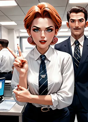 A busy open‑plan office with rows of cubicles, soft fluorescent lighting, and stacks of paperwork. A younger female office worker stands beside her cubicle, leaning forward slightly, animated and frustrated, mid‑argument with her older male boss. She wears modest business attire, expressive 90s‑style anime eyes, and sharp, energetic body language. The older boss, in a slightly rumpled shirt and tie, gestures back with stern authority. Both characters face each other directly, fully engaged in the argument. The scene is drawn in a 90s shōnen anime style with cel shading, bold outlines, simplified forms, and a warm nostalgic palette. Background details are hand‑painted and slightly soft, with coworkers blurred in distant cubicles to emphasize the tension between the two main characters