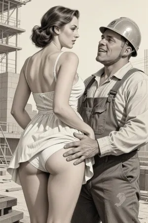This is is a detailed monochromatic pencil drawing in a classical illustrative style depicts a scene set Beautiful sexy brown elegant hairstyle mother stands leaning over at the construction site, wearing in summer dress, the hem of the dress is pulled up, white panties are down, fully clothed very ugly lustful fat construction worker in the coverall and a construction helmet who are hard Grabs her bottom with his hand, looking up, seductive face, lustful mocking smile on man's ugly face, rear view, The overall mood is intense, rendered in fine, expressive line work and subtle shading, evoking the style of 1950s satirical or moralistic illustrations.