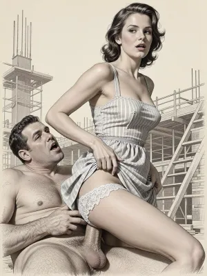This is is a detailed monochromatic pencil drawing in a classical illustrative style depicts a scene set Beautiful sexy brown elegant hairstyle mother stands leaning over at the construction site, wearing in summer dress, the hem of the dress is pulled up, white lace panties down, fully clothed very ugly lustful fat construction worker who are ucks her from behind, rough sex, looking up, seductive face, very excited, lustful man's face, The overall mood is intense, rendered in fine, expressive line work and subtle shading, evoking the style of 1950s satirical or moralistic illustrations.