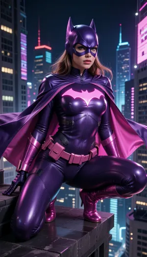 Batgirl-inspired superheroine, adult woman, perched on a skyscraper edge above a futuristic city, long flowing cape, sleek tactical suit, glamorous yet intimidating presence, fashion-editorial superhero photography, dramatic night skyline, neon reflections, cinematic lighting.

Pink and purple color scheme, deep violet suit, bright pink bat symbol, metallic pink utility belt, purple cape with glowing pink interior, subtle neon accents, luxurious materials, ultra-realistic, highly detailed eyes, dynamic pose, premium comic-book realism, masterpiece, 8k, sharp focus.