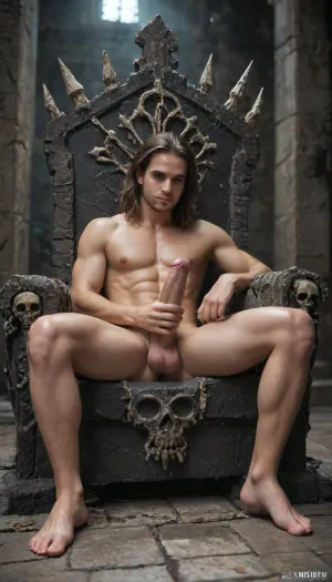 A 20-year-old brunette, a man with a huge penis, sits on a throne, legs spread, showing a hairless penis and balls, naked to the waist, (big penis:1.1), (erect penis:1.5), (masturbation:1.1), Skulls, for, the, Skull, Throne, <lora:Skulls for the Skull Throne:.8>