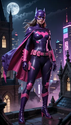 Batgirl-inspired female vigilante, adult woman, standing on a gothic rooftop overlooking a neon-lit city at night, athletic build, confident heroic stance, flowing cape moving in the wind, detailed utility belt, sleek armored bodysuit, comic-book realism, cinematic atmosphere, dramatic moonlight, ultra-detailed face, realistic fabric and armor textures.

Color palette, vibrant pink and deep purple. Dark purple bodysuit with bright pink bat emblem on the chest, pink utility belt, pink gauntlets, purple cape with pink inner lining, purple cowl with subtle pink accents, purple boots with pink details. Stylish modern superhero aesthetic, powerful and elegant, high contrast lighting, cinematic shadows, volumetric fog, highly detailed, masterpiece, sharp focus, 8k, premium concept art.