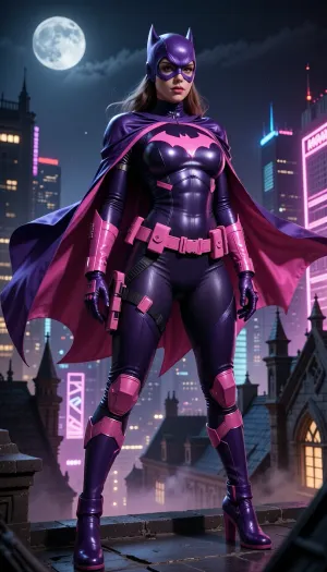 Batgirl-inspired bimbo female vigilante, adult bimbo woman, standing on a gothic rooftop overlooking a neon-lit city at night, buxom hourglass bimbo build, bright heavy bimbo makeup, confident heroic stance, flowing cape moving in the wind, detailed utility belt, sleek armored bodysuit, comic-book realism, cinematic atmosphere, dramatic moonlight, ultra-detailed face, realistic fabric and armor textures.

Color palette, vibrant pink and deep purple. Dark purple bodysuit with bright pink bat emblem on the chest, pink utility belt, pink gauntlets, purple cape with pink inner lining, purple cowl with subtle pink accents, purple boots with pink details. Stylish modern superhero aesthetic, powerful and elegant, high contrast lighting, cinematic shadows, volumetric fog, highly detailed, masterpiece, sharp focus, 8k, premium concept art.