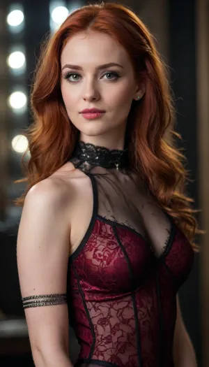 A high-end, dramatic portrait using the face of the woman from image_0.png through image_4.png. She has her characteristic vibrant, straight, redhead hair and is giving a knowing, direct gaze, smiling subtly at the camera, wearing an evocative outfit based on image_5.png and image_6.png. She is dressed in an intricate black lace and deep crimson velvet bodysuit with strategic sheer mesh panels, incorporating detailed silver filigree metal work and chains, including a delicate metal filigree choker and matching wrist cuffs. The setting is a dark, opulent, gothic-industrial alcove. Lighting is low-key, cinematic, and moody, with deep shadows and soft, selective spotlights highlighting her facial features, her hair's texture, and the metallic sheen. Her skin texture is hyper-realistic. The background is a soft, dark bokeh of industrial textures, rich fabrics, and warm, dim ambient lights.