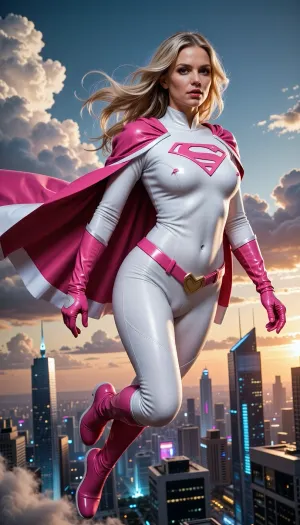 Supergirl-inspired female superhero, adult woman, heroic and confident pose, flying above a futuristic city skyline at sunset, long flowing blonde hair, elegant cape, iconic superhero costume design with a fitted bodysuit, high-quality comic book realism, cinematic lighting, detailed fabric textures, dynamic motion, ultra-detailed face, powerful yet graceful expression.

Color palette, bright pink and pure white instead of the traditional red and blue. White bodysuit with vibrant pink accents, pink cape with white interior, pink boots, pink belt, pink gloves, clean white emblem with pink details on the chest. Modern premium superhero aesthetic, vibrant colors, dramatic clouds, volumetric lighting, highly detailed, masterpiece, sharp focus, 8k, professional concept art.