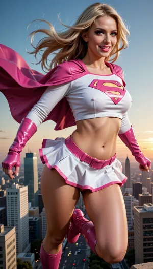 Supergirl, adult bimbo female superhero, flying through the sky above a modern metropolis, long blonde hair flowing in the wind, classic superhero cape and skirt design, smiling confidently, comic-book realism, cinematic action shot. voluptuous hourglass bimbo body. Bright heavy bimbo makeup, pink eyeshadow, dark eyeliner and bright pink lipstick. Her skirt ending at her pubic mound exposing her tight smoothly shaven pussy.

Costume recolored, white top with pink emblem, pink cape, white skirt with pink trim, pink boots, pink belt, pink accents throughout. Bright pink and white color scheme replacing the traditional red and blue. Highly detailed, dramatic sunset lighting, dynamic composition, realistic fabric physics, ultra sharp, vibrant colors, premium comic art, masterpiece, 8k.