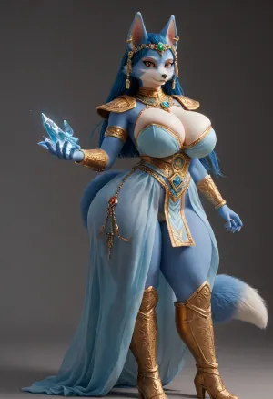 Crystal Furry Yiff, Star Fox Crystal, Anthro Woman, (big breasts:1.9), big hips, huge ass, pharaoh's clothes, smirk, ear piercing, blue and white skin, high detail, fox tail, gray background, long boots with laces, <lora:add-detail-xl:.8>