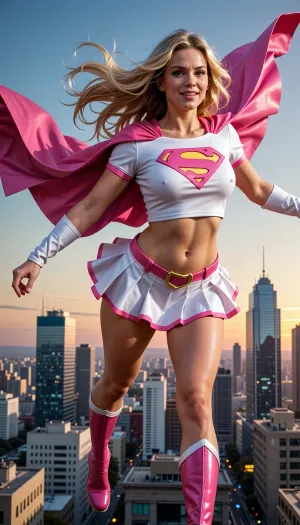 Supergirl, adult female superhero, flying through the sky above a modern metropolis, long blonde hair flowing in the wind, classic superhero cape and skirt design, smiling confidently, comic-book realism, cinematic action shot.

Costume recolored, white top with pink emblem, pink cape, white skirt with pink trim, pink boots, pink belt, pink accents throughout. Bright pink and white color scheme replacing the traditional red and blue. Highly detailed, dramatic sunset lighting, dynamic composition, realistic fabric physics, ultra sharp, vibrant colors, premium comic art, masterpiece, 8k.