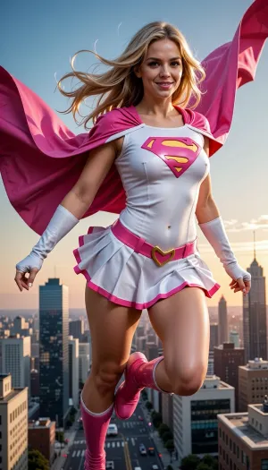 Supergirl, adult female superhero, flying through the sky above a modern metropolis, long blonde hair flowing in the wind, classic superhero cape and skirt design, smiling confidently, comic-book realism, cinematic action shot.

Costume recolored, white top with pink emblem, pink cape, white skirt with pink trim, pink boots, pink belt, pink accents throughout. Bright pink and white color scheme replacing the traditional red and blue. Highly detailed, dramatic sunset lighting, dynamic composition, realistic fabric physics, ultra sharp, vibrant colors, premium comic art, masterpiece, 8k.