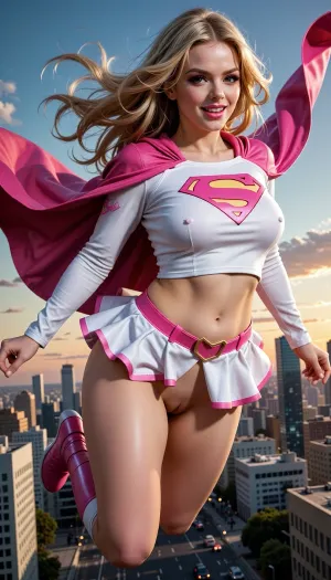 Supergirl, adult bimbo female superhero, flying through the sky above a modern metropolis, long blonde hair flowing in the wind, classic superhero cape and skirt design, smiling confidently, comic-book realism, cinematic action shot. voluptuous hourglass bimbo body. Bright heavy bimbo makeup, pink eyeshadow, dark eyeliner and bright pink lipstick. Her skirt ending at her pubic mound exposing her tight smoothly shaven pussy.

Costume recolored, white top with pink emblem, pink cape, white skirt with pink trim, pink boots, pink belt, pink accents throughout. Bright pink and white color scheme replacing the traditional red and blue. Highly detailed, dramatic sunset lighting, dynamic composition, realistic fabric physics, ultra sharp, vibrant colors, premium comic art, masterpiece, 8k.