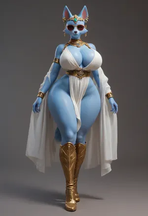 Crystal Furry Yiff, Star Fox Crystal, Anthro Woman, (big breasts:1.9), big hips, huge ass, sunglasses, pharaoh's clothes, smirk, ear piercing, white and blue skin, high detail, fox tail, gray background, legs in long boots with laces, <lora:add-detail-xl:.8>