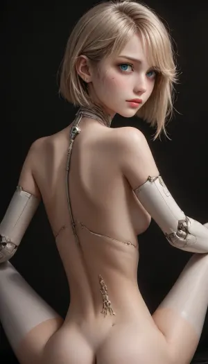 cyborg style, blonde hair, blue eyes, cable, mechanical parts, spine, science fiction, simple background, black background from behind, high quality, high resolution, high quality fantasy art of a beautiful adorable super cute futanary Star Butterfly, glowing within, bent with buttocks up, adorable, big ass, flexible, spreading legs, arched back upwards, goth, 30 year old, (old milf:1.11), futanari, 1futanary, 1futana, woman, (detailed face), (alien eyes), (photorealistic), (masterpiece), (photography), (realistic skin texture), (moles, freckles), ., (bobcut), (cyborg neck), (smoking:.7), <lora:Girl_From_Outter_Space_2250-000010:.9>