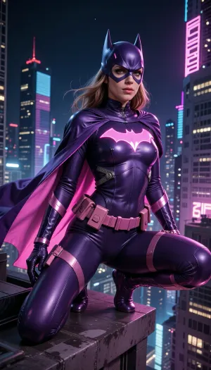 Batgirl-inspired superheroine, adult woman, perched on a skyscraper edge above a futuristic city, long flowing cape, sleek tactical suit, glamorous yet intimidating presence, fashion-editorial superhero photography, dramatic night skyline, neon reflections, cinematic lighting.

Pink and purple color scheme, deep violet suit, bright pink bat symbol, metallic pink utility belt, purple cape with glowing pink interior, subtle neon accents, luxurious materials, ultra-realistic, highly detailed eyes, dynamic pose, premium comic-book realism, masterpiece, 8k, sharp focus.
