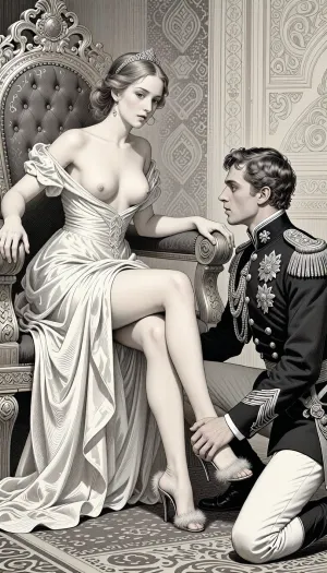 A detailed graphic illustration in the style of 19th-century Russian fairy tales, characterized by fine ink lines and a rich grayscale engraving aesthetic. Cinderella sits on an ornate royal throne. Her flowing, gracefully draped gown gracefully reveals her stunning, slender, bare legs from knee to toe. The delicate fabric of her bodice has slipped, revealing perfectly firm and shapely breasts in a classical and artistic style. Her graceful face wears an expression of complicity. Before her, a handsome young prince, dressed in a strict military officer's uniform adorned with intricate epaulettes, kneels. With one hand, he delicately slips a small, high-heeled shoe with a fine fur trim onto her foot, his other hand hidden by Cinderella's thighs. The surrounding throne room exudes Slavic architectural charm. The drawing is clean and crisp, with simple and elegant anatomical proportions, creating a unique and harmonious composition.