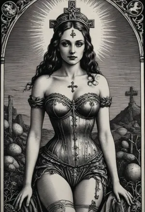 The temptress is an erotic woman, (19th century corset:1.1), (in the style of a tarot card an engraving:1.1), (very strong line work:1.5), (cross-hatching:1.8), deep shadows, strong contrast, black and white, sun in background, <lora:tarot_card:2>, <lora:woodcut:2>