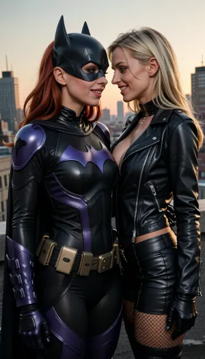 Two adult female superheroes inspired by Batgirl and Black Canary, standing close together on a Gotham-style rooftop at sunset, playful flirting, warm smiles, strong eye contact, subtle romantic tension, Batgirl with red hair and a sleek black-and-purple tactical suit, Black Canary with blonde hair, black leather jacket and fishnet details, confident body language, one teasing the other with a gentle touch on the arm, cinematic lighting, highly detailed faces, realistic emotions, urban skyline in the background, comic-book realism, dynamic composition, dramatic atmosphere, masterpiece quality, ultra detailed, professional photography, shallow depth of field