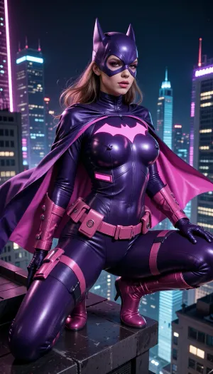 Batgirl-inspired bimbo superheroine, adult bimbo woman, perched on a skyscraper edge above a futuristic city, long flowing cape, sleek tactical suit, glamorous yet intimidating presence, fashion-editorial superhero photography, dramatic night skyline, neon reflections, cinematic lighting. Buxom Bimbo body shape, bright heavy bimbo makeup.

Pink and purple color scheme, deep violet suit, bright pink bat symbol, metallic pink utility belt, purple cape with glowing pink interior, subtle neon accents, luxurious materials, ultra-realistic, highly detailed eyes, dynamic pose, premium comic-book realism, masterpiece, 8k, sharp focus.