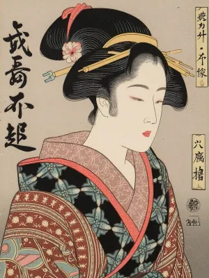 traditional Japanese ukiyo-e woodblock print from the early 19th century, depicting a beautiful Japanese woman, (bijin-ga), wearing an intricate, patterned silk kimono. Flat colors, bold calligraphic black outlines, traditional Edo period hairstyle, delicate facial features, vintage washi paper texture, highly artistic, (ukiyo-e masterpiece. --ar 3:4)