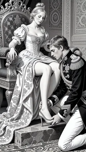 A detailed graphic illustration in the style of 19th-century Russian fairy tale art, featuring fine ink lines and a rich grayscale engraving aesthetic. Cinderella is seated upon an ornate royal throne, viewed from the waist down in a beautiful, elegant posture. Her two hands are perfectly formed with five distinct fingers each, her left hand rests flat and fully visible on the stone armrest of the throne, while her right hand rests flat on her thigh to gently hold back the heavy, patterned fabric of her royal dress, revealing her single anatomically correct bare foot. In front of her, a handsome young Prince in a strict, ornate military officer uniform with detailed epaulets is kneeling on one knee. He gently holds her foot, carefully fitting a delicate, petite high-heeled court shoe made of fine leather, adorned only with a subtle, elegant trim of soft vair fur around its opening. The surrounding throne room is filled with Slavic architectural charm. Crisp line art, high-contrast monochrome, perfect anatomy with no extra limbs, single unified frame.