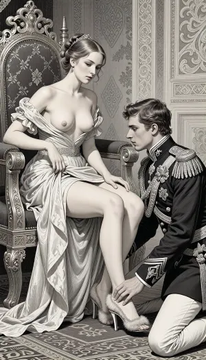 A detailed graphic illustration in the style of 19th-century Russian fairy tales, characterized by fine ink lines and a rich gray-scale engraving aesthetic. Cinderella sits on an ornate royal throne. Her flowing, gracefully draped gown reveals her stunning, slender, bare legs from knee to toe. The delicate fabric of her bodice has slipped, revealing perfectly firm and shapely breasts in a classical and artistic style. Her graceful face wears an expression of complicity. Before her, a handsome young prince, dressed in a strict military officer's uniform adorned with intricate epaulettes, kneels. With his left hand, he delicately slips a small, high-heeled shoe with a fine fur trim onto her foot, while his other hand slips inside the dress. The surrounding throne room exudes Slavic architectural charm. The drawing is clean and crisp, with simple and elegant anatomical proportions, creating a unique and harmonious setting.