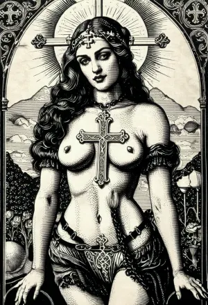 The temptress is an erotic woman, (19th century corset:1.1), (in the style of a tarot card engraving:1.1), (very strong line work:1.5), (cross-hatching:1.8), deep shadows, strong contrast, black and white, sun in background, <lora:tarot_card:2>, <lora:woodcut:2>
