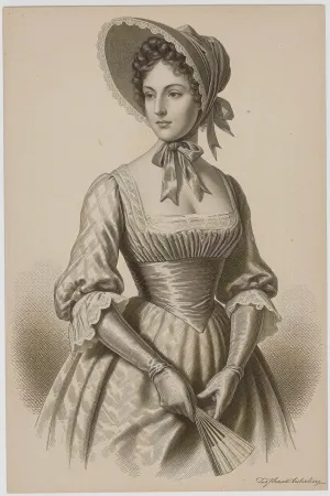 half-length portrait, three-quarter view, young woman, early 19th century, wearing Empire-style high-waisted dress, bonnet with ribbons, gloves. dignified, composed expression, elegant gloved hands, fingers correctly articulated, holding a small fan, period-accurate long gloves, poke bonnet with lace trim, detailed cross-hatching on fabric folds, engraved textile texture, soft light from left. Historical illustration from 1820, copper engraving, fine cross-hatching, stippling technique, monochrome sepia ink on aged parchment. highly detailed, masterful engraving technique, printed on textured paper, archival quality, consistent line weight throughout