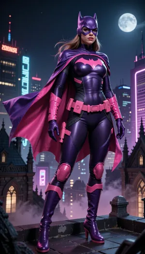 Batgirl-inspired female vigilante, adult woman, standing on a gothic rooftop overlooking a neon-lit city at night, athletic build, confident heroic stance, flowing cape moving in the wind, detailed utility belt, sleek armored bodysuit, comic-book realism, cinematic atmosphere, dramatic moonlight, ultra-detailed face, realistic fabric and armor textures.

Color palette, vibrant pink and deep purple. Dark purple bodysuit with bright pink bat emblem on the chest, pink utility belt, pink gauntlets, purple cape with pink inner lining, purple cowl with subtle pink accents, purple boots with pink details. Stylish modern superhero aesthetic, powerful and elegant, high contrast lighting, cinematic shadows, volumetric fog, highly detailed, masterpiece, sharp focus, 8k, premium concept art.