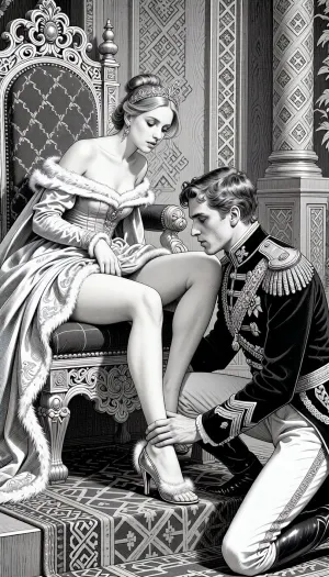 A detailed graphic illustration in the style of 19th-century Russian fairy tale art, featuring fine ink lines and a rich grayscale engraving aesthetic. Cinderella is seated upon an ornate royal throne. Her royal dress is already draped and pulled back, beautifully revealing her gorgeous, anatomically perfect bare legs from the knees down. In front of her, a handsome young Prince in a strict, ornate military officer uniform with detailed epaulets is kneeling on one knee. He gently holds her foot, carefully fitting a delicate, petite high-heeled court shoe made of fine leather, adorned only with a subtle, elegant trim of soft vair fur around its opening. The surrounding throne room is filled with Slavic architectural charm, featuring intricate geometric borders and carved wooden columns. Crisp line art, high-contrast monochrome, perfect anatomy with clean leg lines, single unified frame.
