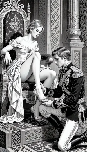 A detailed graphic illustration in the style of 19th-century Russian fairy tale art, featuring fine ink lines and a rich grayscale engraving aesthetic. Cinderella is seated upon an ornate royal throne. Her royal dress is already draped and pulled back, beautifully revealing her gorgeous, anatomically perfect bare legs from the knees down. In front of her, a handsome young Prince in a strict, ornate military officer uniform with detailed epaulets is kneeling on one knee. He gently holds her foot, carefully fitting a delicate, petite high-heeled court shoe made of fine leather, adorned only with a subtle, elegant trim of soft vair fur around its opening. The surrounding throne room is filled with Slavic architectural charm, featuring intricate geometric borders and carved wooden columns. Crisp line art, high-contrast monochrome, perfect anatomy with clean leg lines, single unified frame.