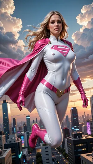 Supergirl-inspired female bimbo superhero, adult bimbo woman, heroic and confident pose, flying above a futuristic city skyline at sunset, long flowing blonde hair, elegant cape, iconic superhero costume design with a fitted bodysuit, high-quality comic book realism, cinematic lighting, detailed fabric textures, dynamic motion, ultra-detailed face, powerful yet graceful expression. buxom hourglass bimbo build, bright heavy bimbo makeup.

Color palette, bright pink and pure white instead of the traditional red and blue. White bodysuit with vibrant pink accents, pink cape with white interior, pink boots, pink belt, pink gloves, clean white emblem with pink details on the chest. Modern premium superhero aesthetic, vibrant colors, dramatic clouds, volumetric lighting, highly detailed, masterpiece, sharp focus, 8k, professional concept art.