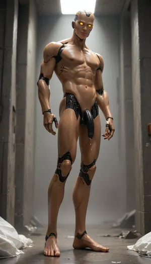 a male robot, robot, humanoid, plastic body synthetic, mechanical joints, black penis curved down, flaccid, robot is athletic, anatomically correct, very tall, slender, handsome sexy provocative smile. normal size penis. Alone in a, (dark sci-fi corridor:1), Looking at the viewer. Penis is dripping abundant cum. Robotic head. Robotic penis. Standing. Seen from side lateral below. Penis closeup, focus on penis, small size penis. Glowing eyes. full body view. Feet with toes.