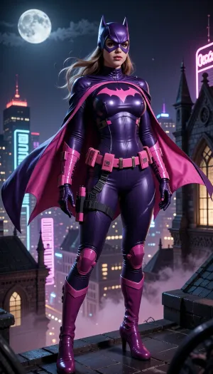 Batgirl-inspired bimbo female vigilante, adult bimbo woman, standing on a gothic rooftop overlooking a neon-lit city at night, buxom hourglass bimbo build, bright heavy bimbo makeup, confident heroic stance, flowing cape moving in the wind, detailed utility belt, sleek armored bodysuit, comic-book realism, cinematic atmosphere, dramatic moonlight, ultra-detailed face, realistic fabric and armor textures.

Color palette, vibrant pink and deep purple. Dark purple bodysuit with bright pink bat emblem on the chest, pink utility belt, pink gauntlets, purple cape with pink inner lining, purple cowl with subtle pink accents, purple boots with pink details. Stylish modern superhero aesthetic, powerful and elegant, high contrast lighting, cinematic shadows, volumetric fog, highly detailed, masterpiece, sharp focus, 8k, premium concept art.