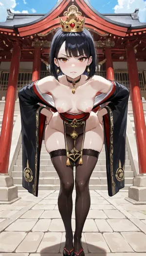 (((Offended, She demands help, orders, and waits for you to do her bidding, standing, He stands in front, bowing slightly. meets him at the temple gates))), crown of the Queen of japan, the crown, near the japan shrine, cloudy weather, height is exactly 124 centimeters, solo, naked, full-length view, manicure, smooth fair skin, 1girl, small_breasts, bangs, short hair, Geta platform heels, stockings, choker with a heart, earrings, light makeup, traditional japan dress, small breasts, pale skin. no_panties, Audaciously protruding aroused nipples, swollen clitoris, A haughty look with resentment and anger