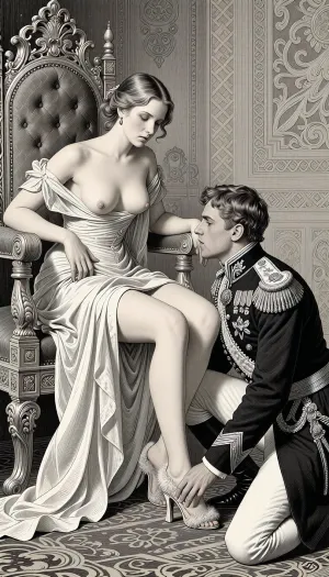 A detailed graphic illustration in the style of 19th-century Russian fairy tales, characterized by fine ink lines and a rich gray-scale engraving aesthetic. Cinderella sits on an ornate royal throne. Her flowing, gracefully draped gown reveals her stunning, slender, bare legs. The delicate fabric of her bodice has slipped, revealing perfectly firm and shapely breasts in a classical and artistic style. Her graceful face wears an expression of complicity. Before her, a handsome young prince, dressed in a strict military officer's uniform adorned with elaborate epaulettes, kneels. With one hand, he delicately slips a small, high-heeled shoe with a fine fur trim on her délicate foot. The surrounding throne room exudes Slavic architectural charm. The drawing features clean lines, simple and elegant anatomical proportions, and a unique, harmonious composition.