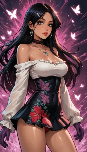 Melkor mancin meet markgavatino style, ((symmetric brown eyes, heavy eye shadow)), (purple background psychedelic abstract), (dark skin:1.5), muscular, (goth:.1), ((short Chinese princess in an off‑the‑shoulder tight dress with microskirt short hem, with botanical floral patterning embroidery)), (portrait pose arched back exaggerated ass and tits curves, slightly reveal hint of sheer wet lace red panties), ((plump cleavage breasts)), glowing purple flowers butterflies, (reiq style), Score_9, score_8_up, score_7_up, masterpiece, lipstick, blush, purple glitter, (1woman, 8k resolution, ultra-detailed), solo, ratatatat74, super thick long hair blowing in the wind, hair clips bangles, wet thighs dripping, butterflies, necklace choker, <lora:LCMTurboMix_Euler_A_fix:1.1>, <lora:ratatatat74-000050:1.1>, <lora:SDXLSamDoesArts:1.1>, NEGATIVE_HANDS, purple gloves