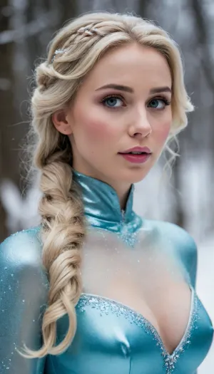Erstellen Sie eine bezaubernde Szene, in der Sie Prinzessin Elsa aus Disneys „Die Eiskönigin“ als bezaubernde Domina darstellen. Sie steht elegant in einem Winterwunderland und trägt einen eisblauen Latex-Catsuit, der mit einem aufwendigen Schneeflockenmuster glitzert. Ihr langes platinblondes Haar fällt ihr anmutig über den Rücken und fängt den sanften Glanz des Mondlichts ein. Der Hintergrund ist eine zauberhafte Schneelandschaft mit funkelnden Eiskristallen und sanft fallenden Schneeflocken. Elsas Gesichtsausdruck ist ruhig und selbstbewusst und verkörpert Schönheit und Anmut. Diese Szene fängt die perfekte Mischung aus Fantasie und Realismus ein und zeigt ihre verletzlichen Gesichtszüge und die ekstatische Atmosphäre des Eiskönigreichs.
