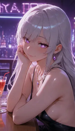 human, cocktail bar, mature, date, neon lights, dark ambient, blue ambient, purple ambient, sitting at table, smile, (sparkling eyes:1.2), smooth hair, glowing eye, (close-up:.8), beautiful tight black dress, slim body, gentle eyes, purple eyes, white hair, pretty heart necklace, earrings, hair bound up, long side bangs, (small chest size), (side view), innerboob, sideboob