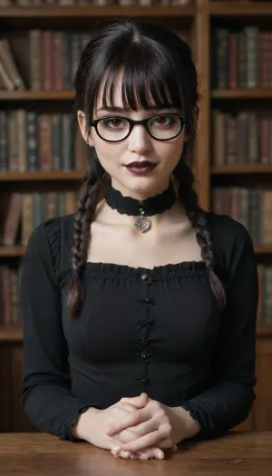 gothic, goth, pale skin, dark black-red eyes, black hair, bangs hair, black eyeliner, (black lipstick), white skin, perfect eyes, small eyes, detailed eyes, small nose, good anatomy, ultra detailed, high resolution, fake breasts, slut face, whore, (ahegao:1), sexy posing, (illustration:1), (hand drawn:1), (anime:1), Stable-Yogis-Makeup-Enhancer-XL, meetyan, 1girl, black, eyes, glasses, black-framed, eyewear, round, long, hair, bangs, blunt, sidelocks, single, braid, twin, braids, braided, ponytail, sleeves, dress, puffy, gloves, juliet, bookshelf, indoors, library, smile, evil
