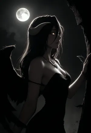 (Melkor mancin meets markgavatino style), reiq style, Cel-shaded, lineart, line art, flat colors, flat color, masterpiece, (albedo, wings, black dress, necklace, pale skin, glowing eyes, slight smile), (looking longingly, graceful pose), (moonlight, (moon), backlighting, mysterious atmosphere), side view, <lora:lineartSDXL:1.1>, <lora:mk_Bp Anime_xl:.8>, <lora:dark:.4>