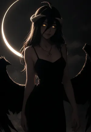 (Melkor mancin meets markgavatino style), reiq style, Cel-shaded, lineart, line art, flat colors, flat color, masterpiece, (albedo, wings, black dress, necklace, pale skin, glowing eyes, slight smile), (solo, looking longingly, graceful pose), (moonlight, dripping water, (moon, eclipse), backlighting, mysterious atmosphere), side view, <lora:lineartSDXL:1.1>, <lora:mk_Bp Anime_xl:.8>, <lora:dark:.4>